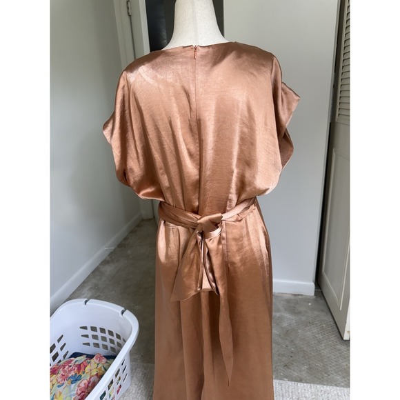 Bohme Satin Maxi Dress Copper Bronze Tie Waist Short Sleeve Medium Modest - Picture 6 of 8